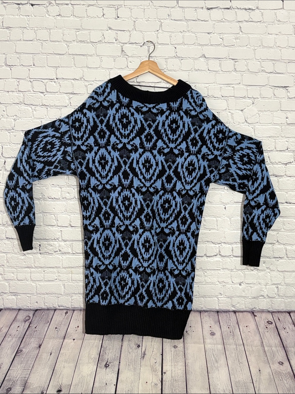 Black and Light Blue Patterned Knit Sweater dress